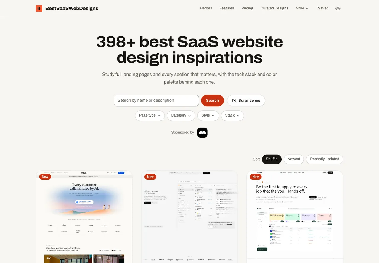 BestSaaSWebDesigns homepage with the headline '398+ best SaaS website design inspirations', a search box, page type, category, style and stack filters, and a grid of full-page SaaS site screenshots