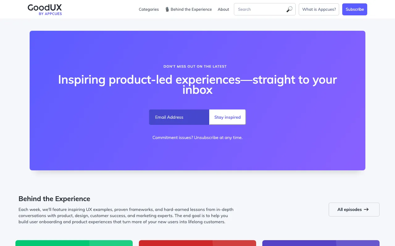 GoodUX by Appcues homepage with a purple newsletter sign-up panel reading 'Inspiring product-led experiences, straight to your inbox' and a Behind the Experience section