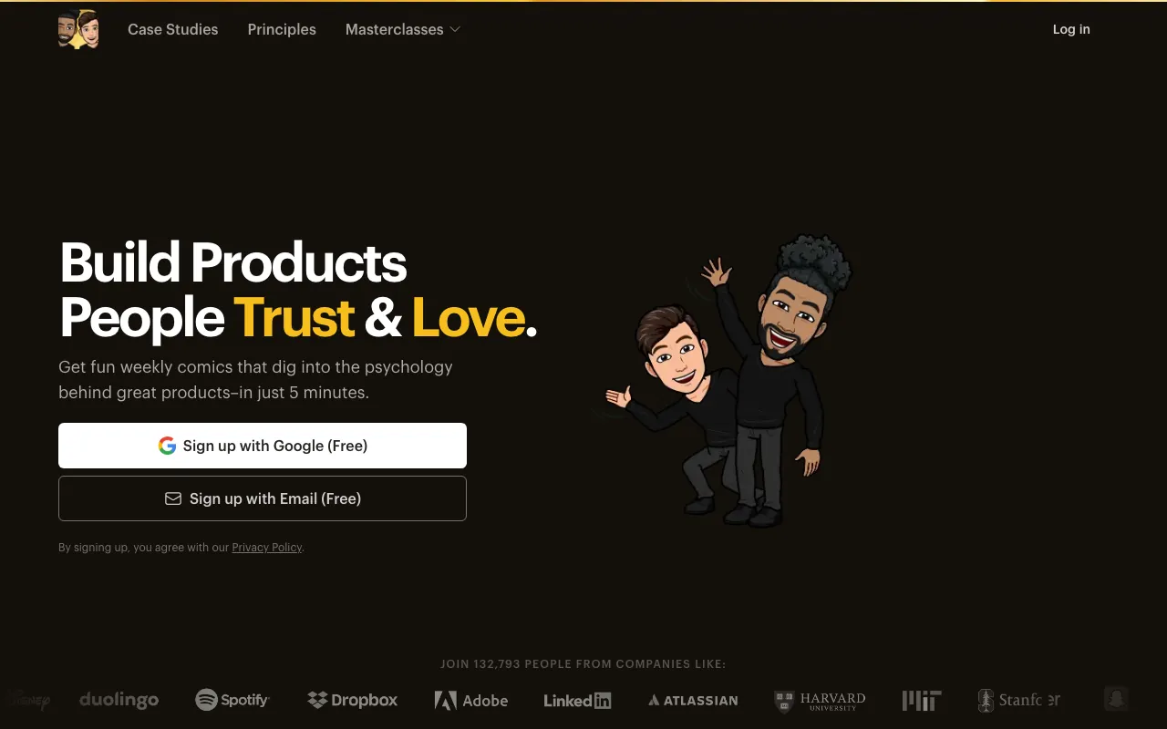 Growth.Design homepage on a dark background with the headline 'Build Products People Trust & Love', an illustrated character and Google and email sign-up buttons
