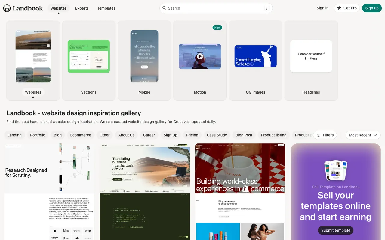 Land-book homepage with category tiles for Websites, Sections, Mobile and Motion above a masonry grid of website screenshots