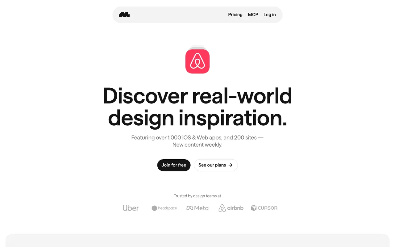 Mobbin homepage with the headline 'Discover real-world design inspiration', an Airbnb app icon, and Join for free and See our plans buttons