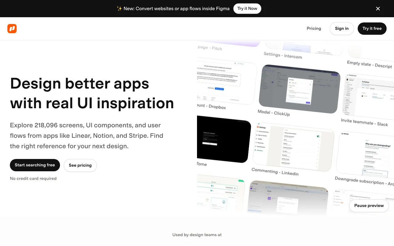 Nicelydone homepage with the headline 'Design better apps with real UI inspiration', a Start searching free button, and a collage of SaaS app screens from ClickUp, Slack and LinkedIn