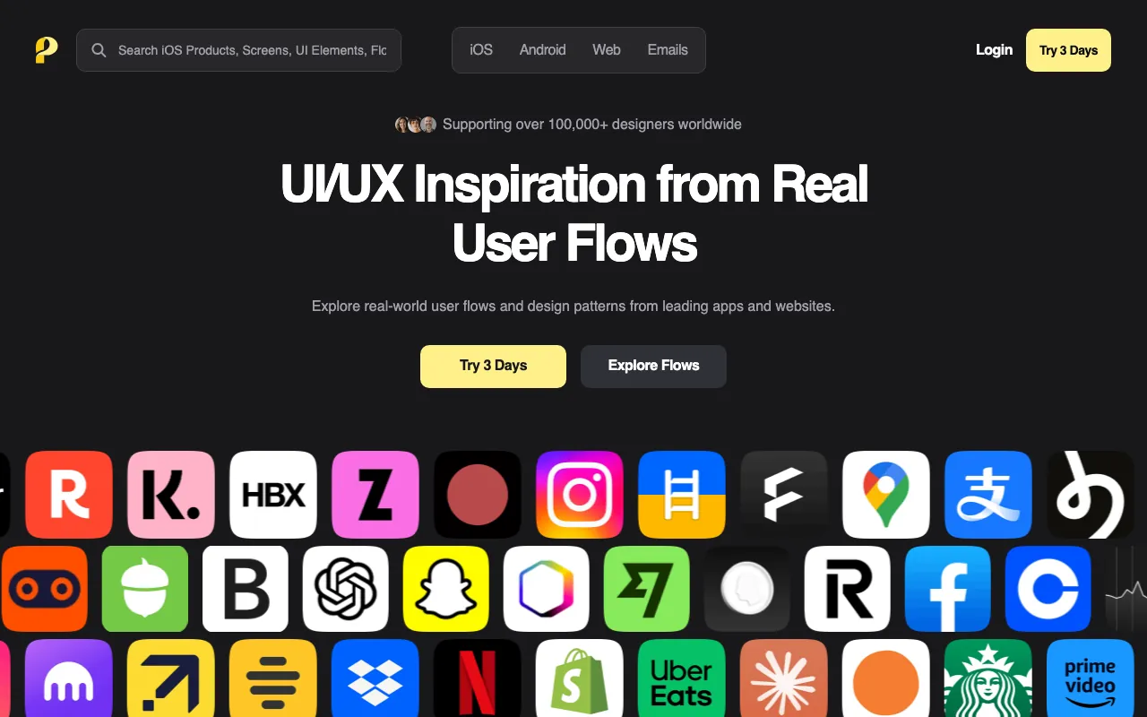 Page Flows homepage with the headline 'UI/UX Inspiration from Real User Flows', iOS, Android, Web and Emails tabs, and a grid of app icons