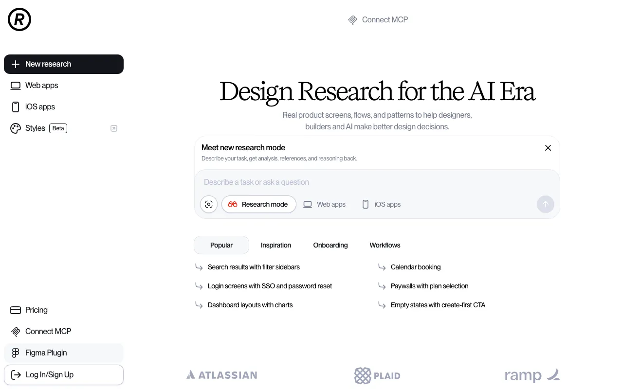 Refero homepage with the headline 'Design Research for the AI Era', a research-mode prompt box, Web apps, iOS apps and Styles links in the sidebar, and a Connect MCP link