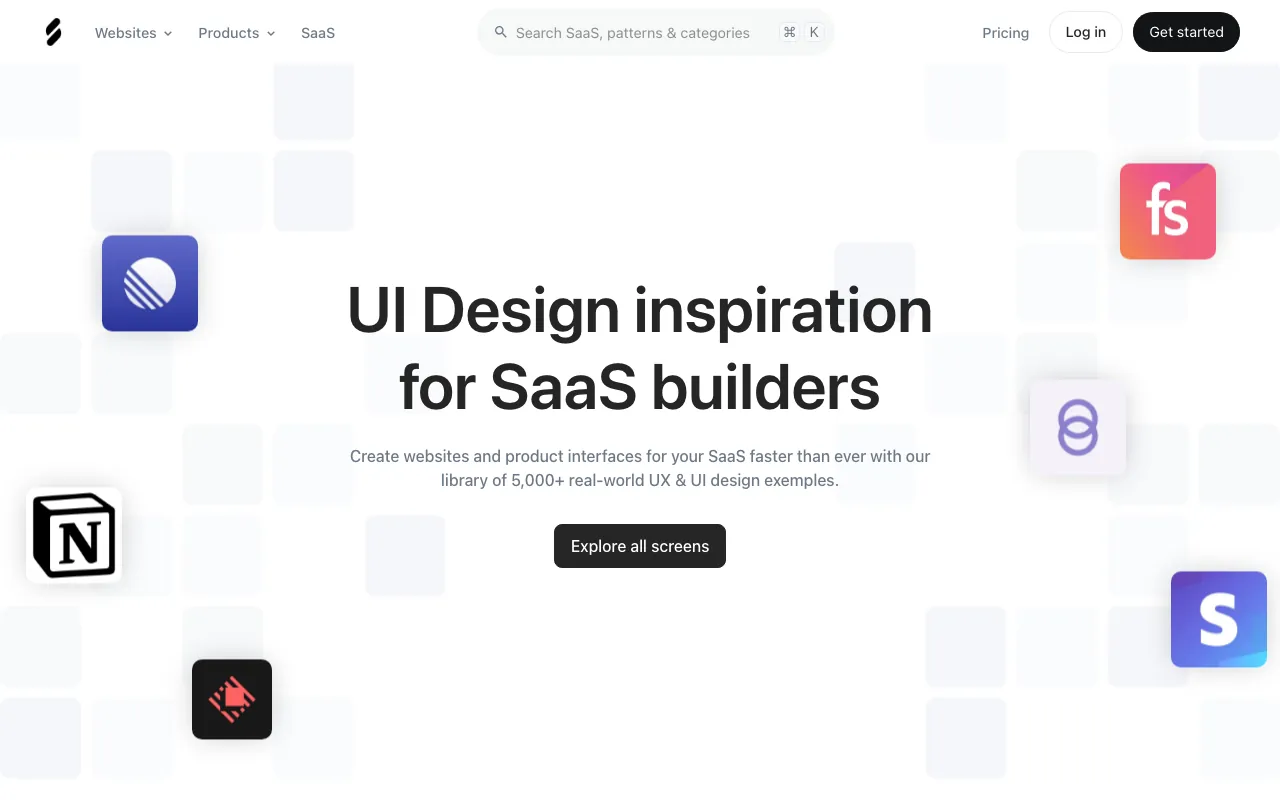 SaaSFrame homepage with the headline 'UI Design inspiration for SaaS builders' and floating SaaS app logos including Notion