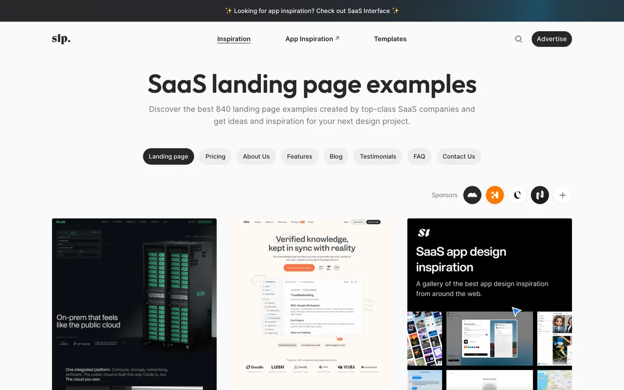 SaaSLandingPage.com 'SaaS landing page examples' page with page type filter pills and a grid of landing page screenshots