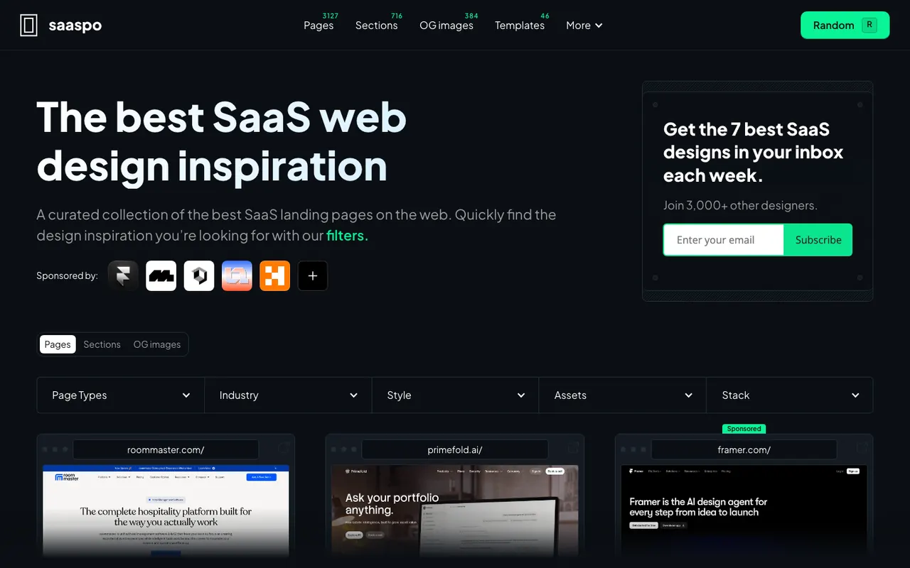 Saaspo homepage with a dark hero reading 'The best SaaS web design inspiration', a weekly newsletter signup box, and filter dropdowns for page types, industry, style, assets and stack