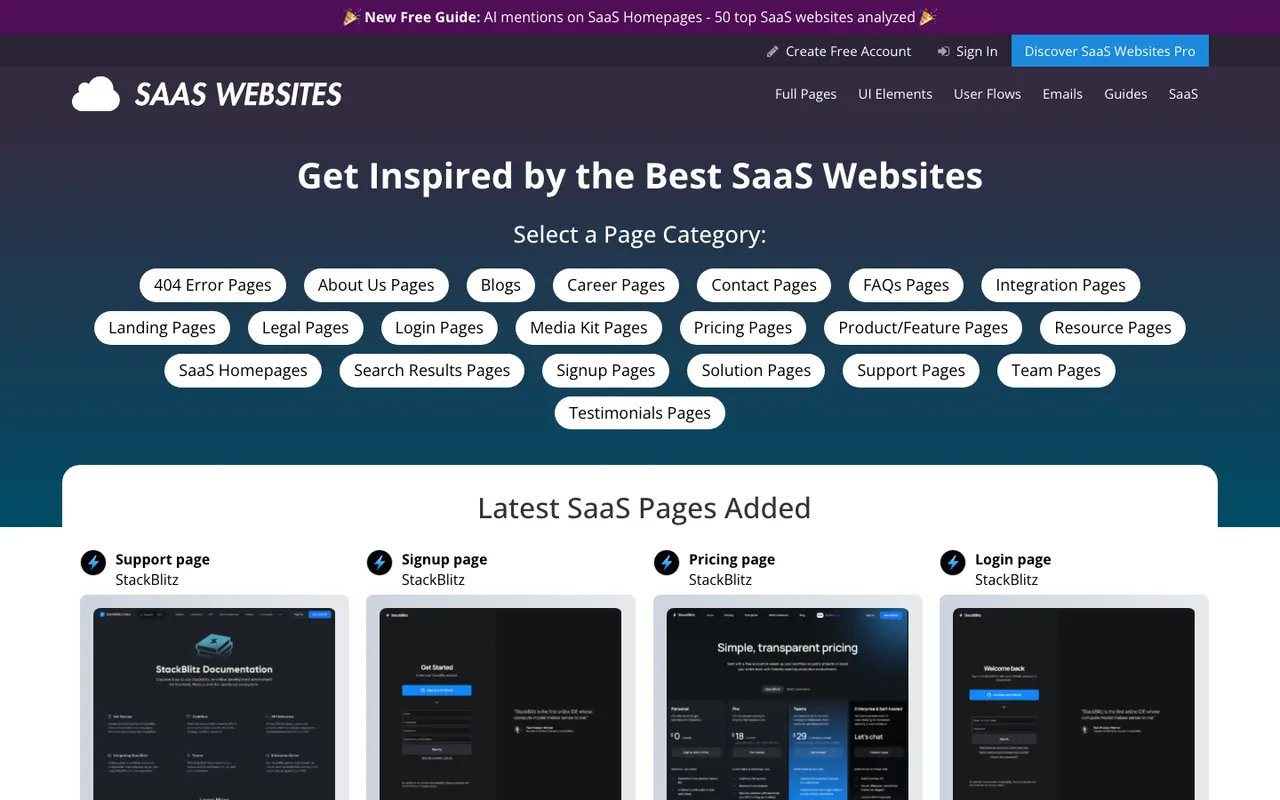 SaaSWebsites.com homepage with a purple-to-teal hero, a row of page category chips such as Pricing Pages and Signup Pages, and a Latest SaaS Pages Added row
