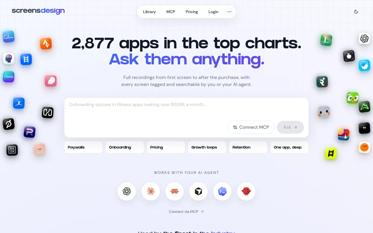 ScreensDesign homepage with the headline '2,877 apps in the top charts. Ask them anything.', an AI search box and a Connect MCP button
