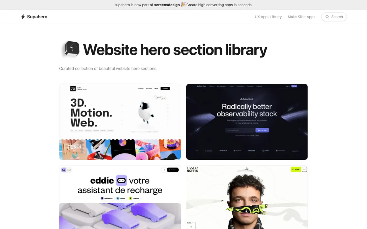 Supahero 'Website hero section library' page showing a two-column grid of hero section screenshots under a light header