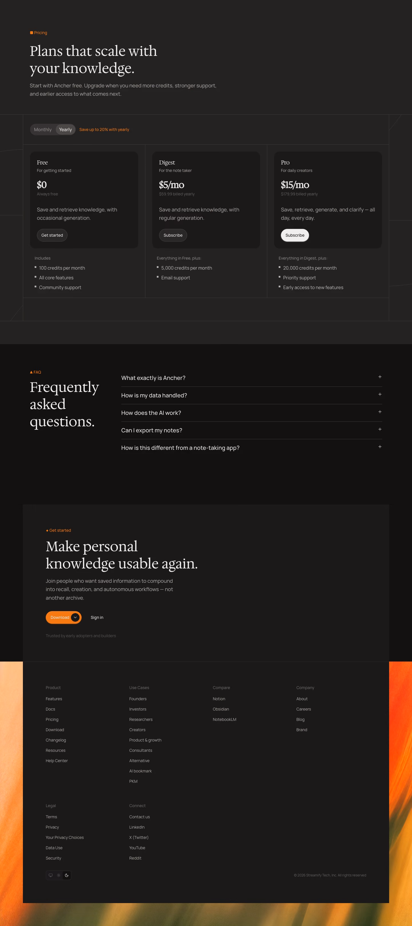 Ancher Pricing & Plans section design