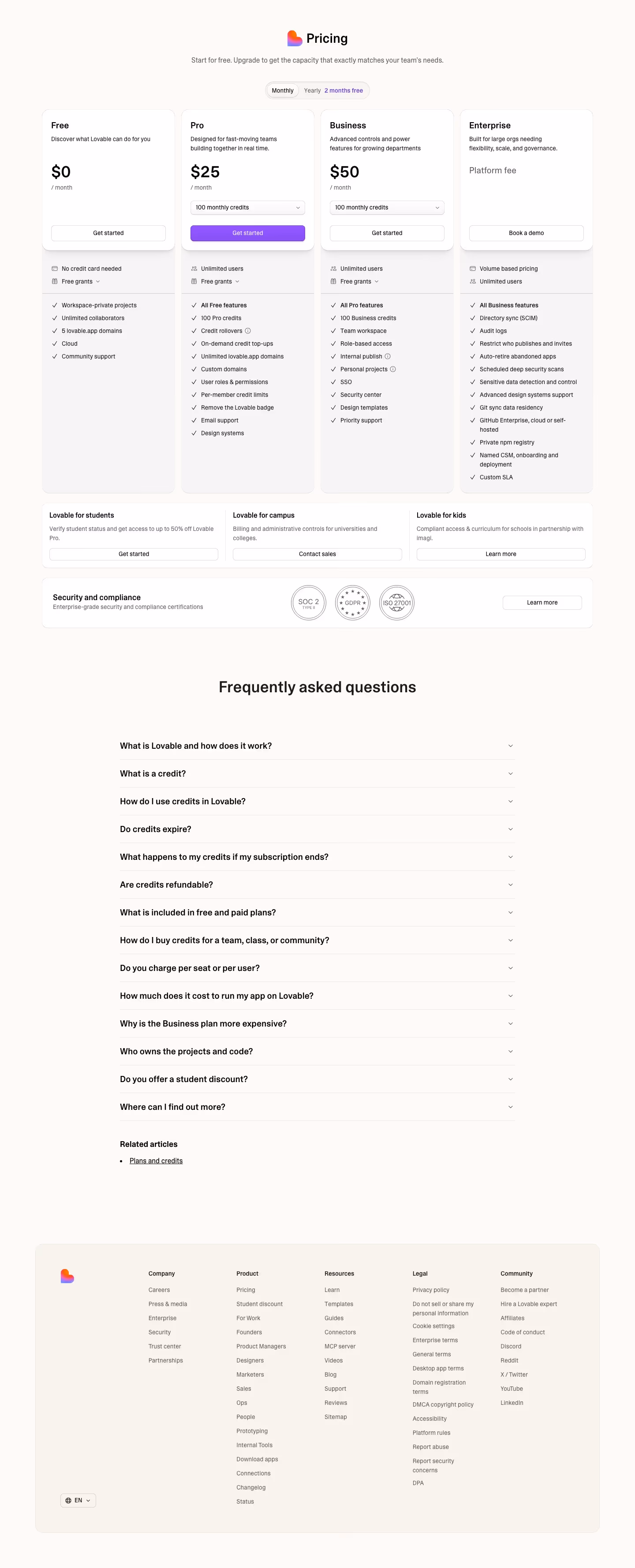 Lovable Pricing & Plans section design