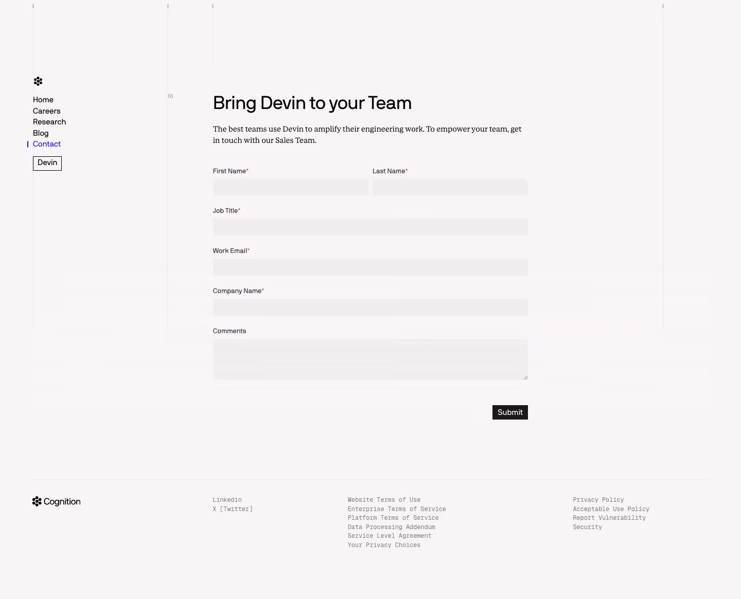 Devin Contact Us section design