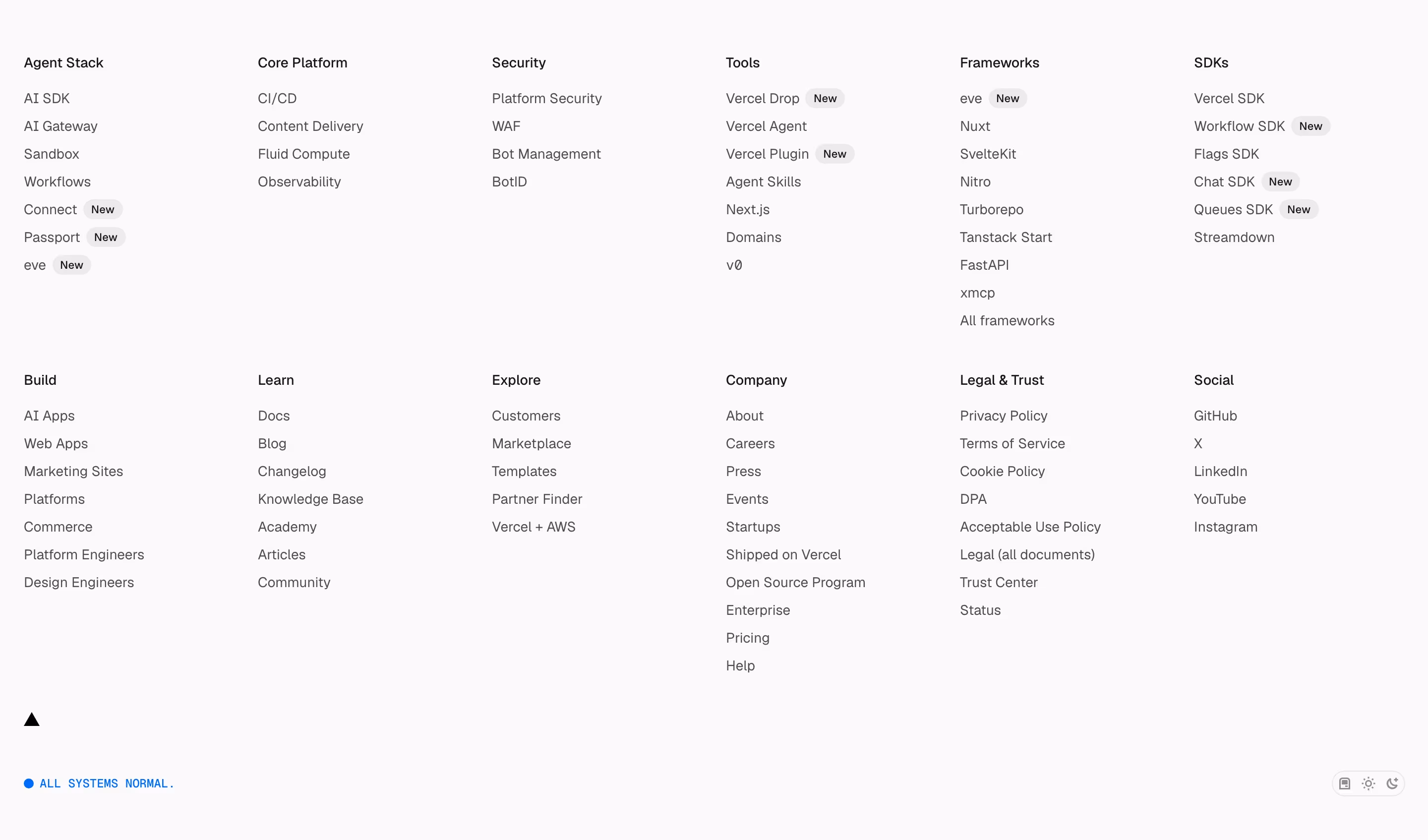 Vercel footer design — Engineering & Infrastructure