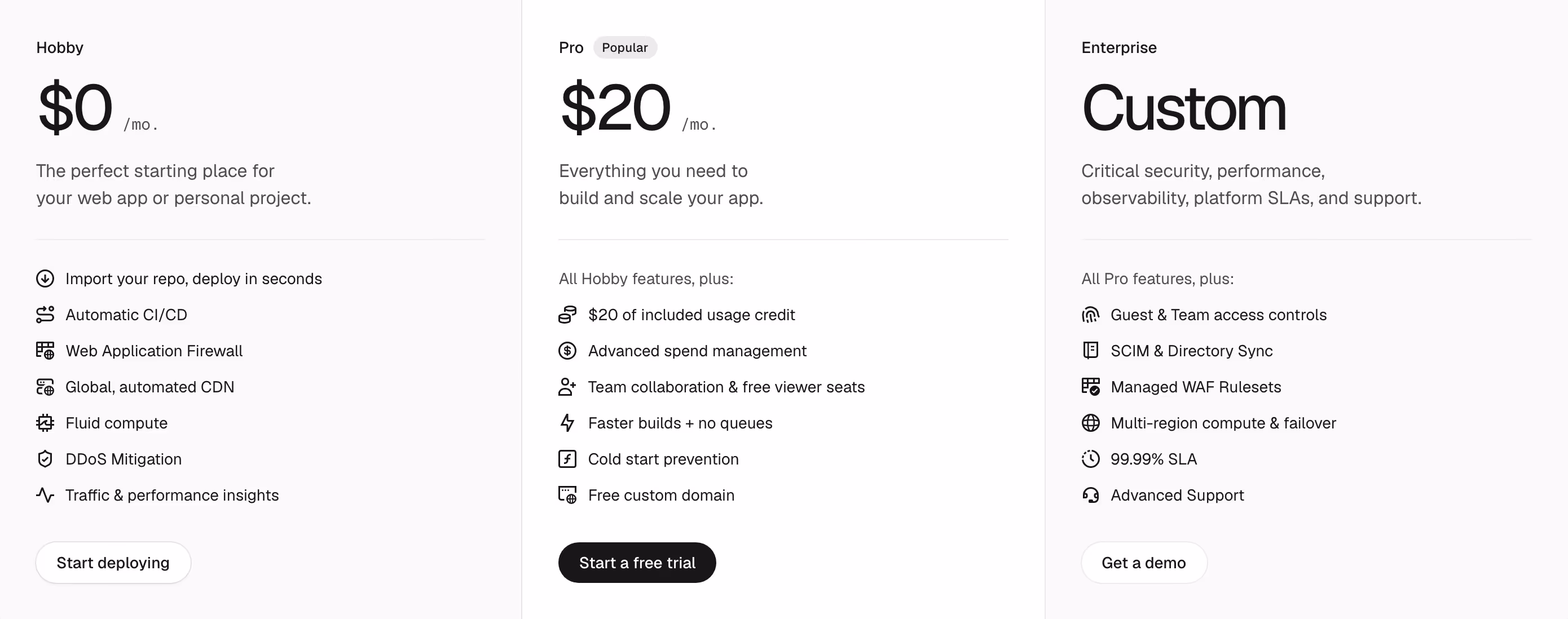 Vercel Pricing section design