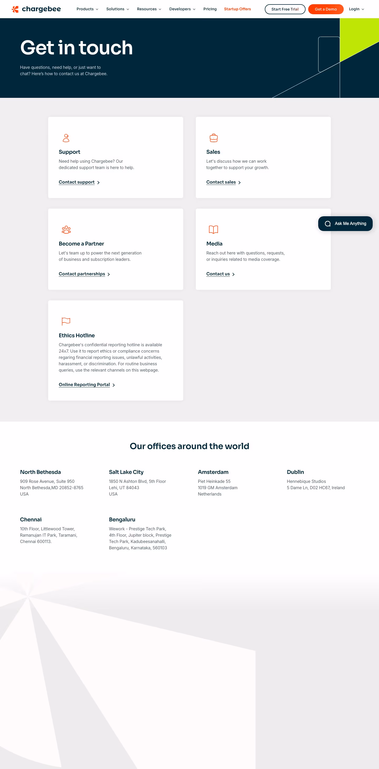 Chargebee Contact Us section design