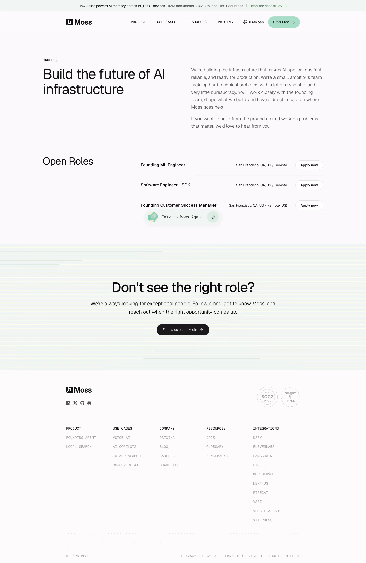 Moss Careers pages section design