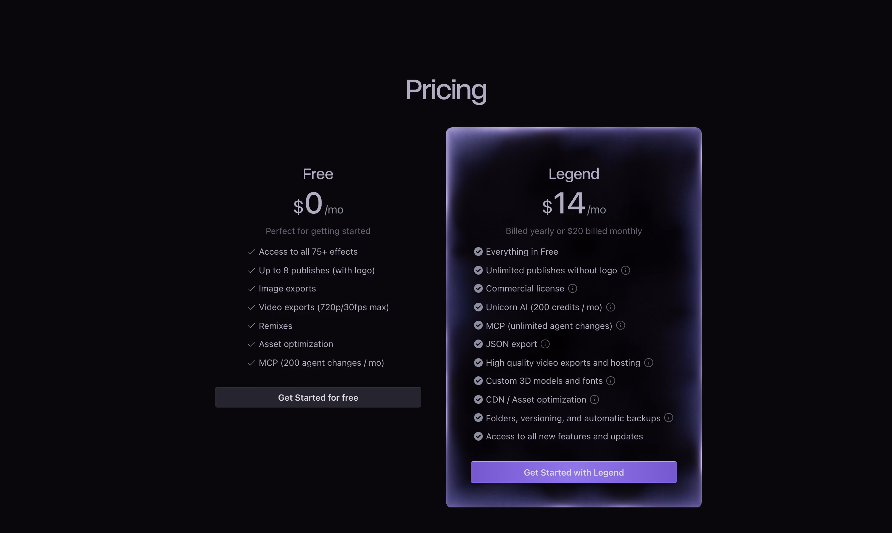 Unicorn Pricing section design