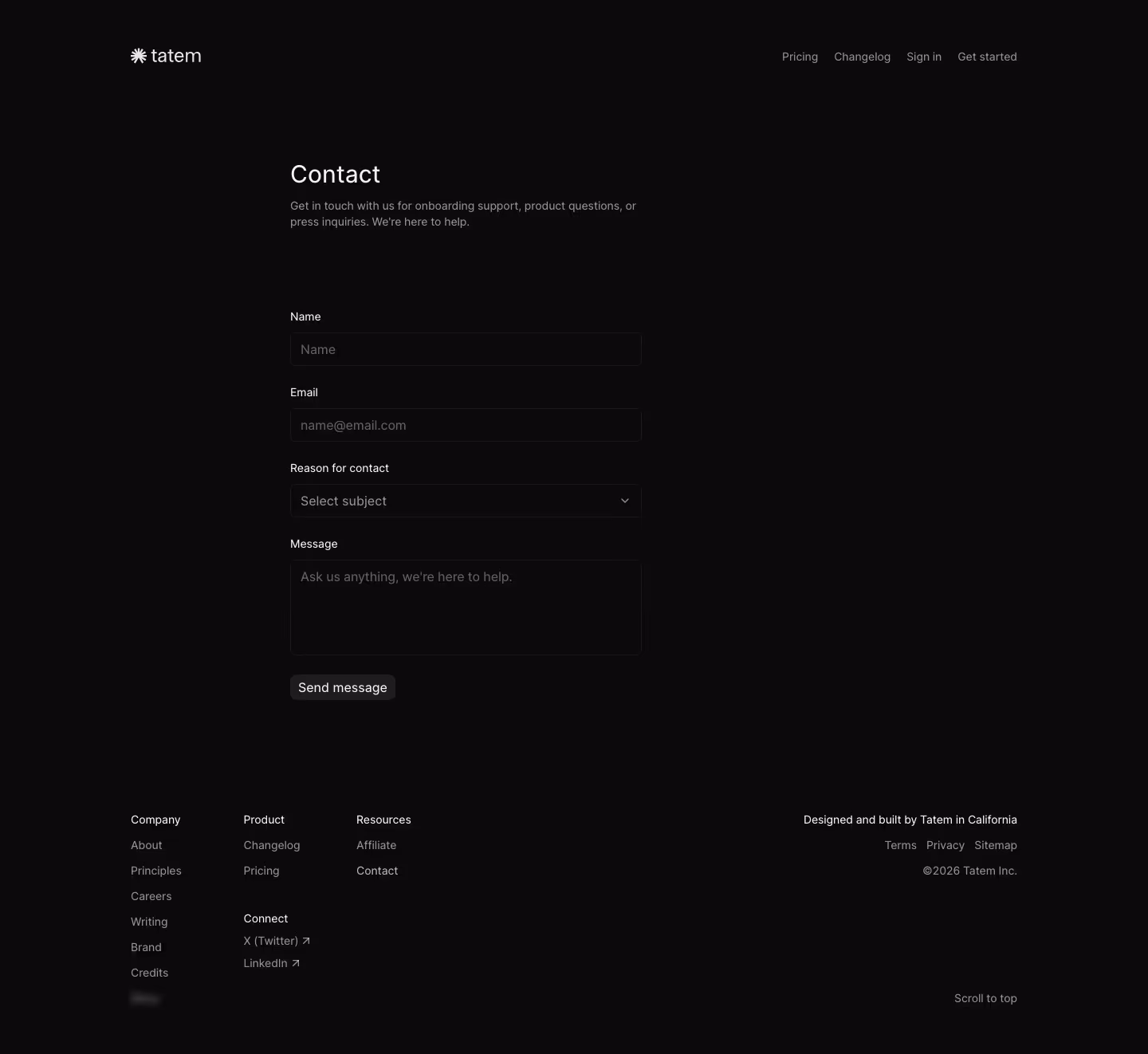 Tatem Contact Us section design