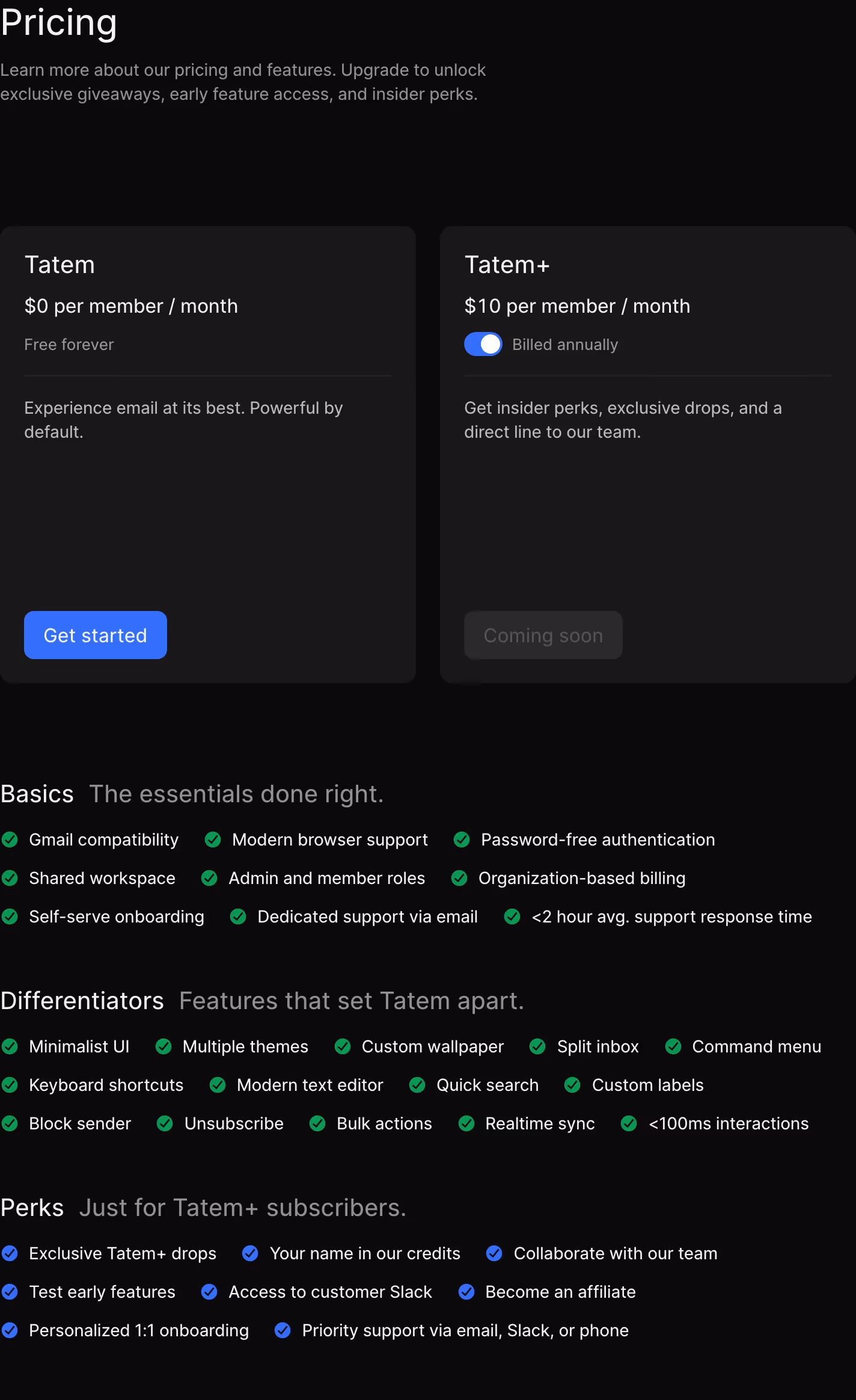 Tatem Pricing section design