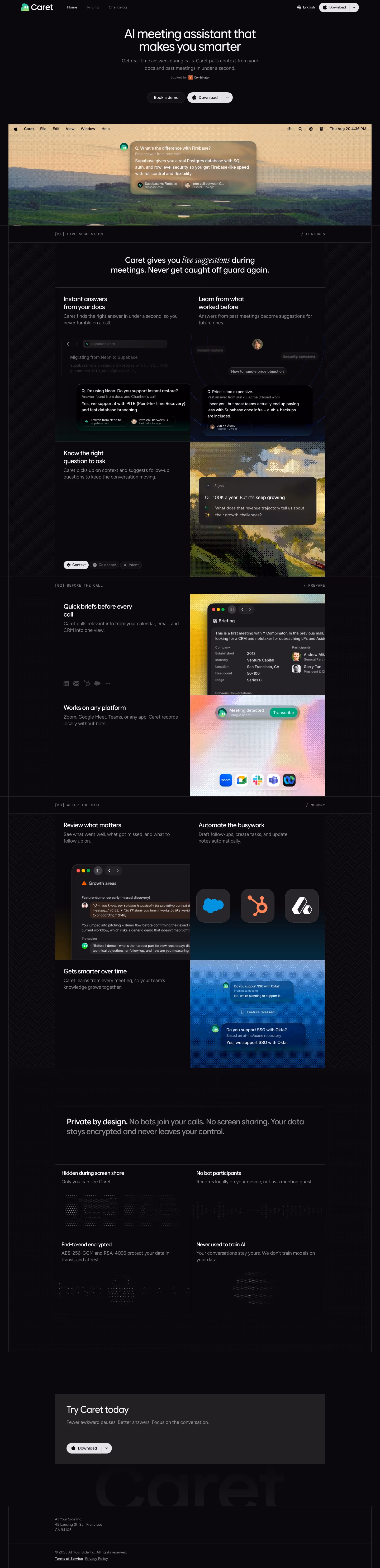 Caret landing page design — Productivity & Collaboration