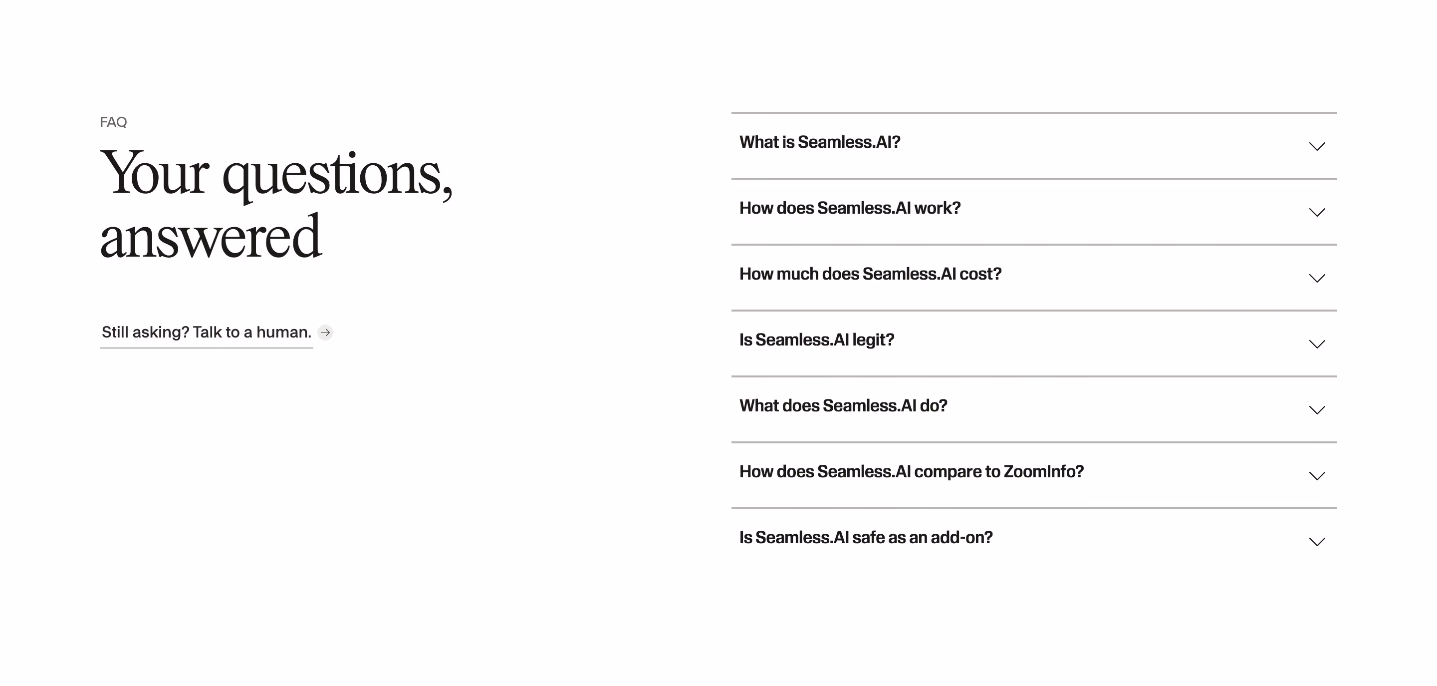 Seamless.AI FAQs section design