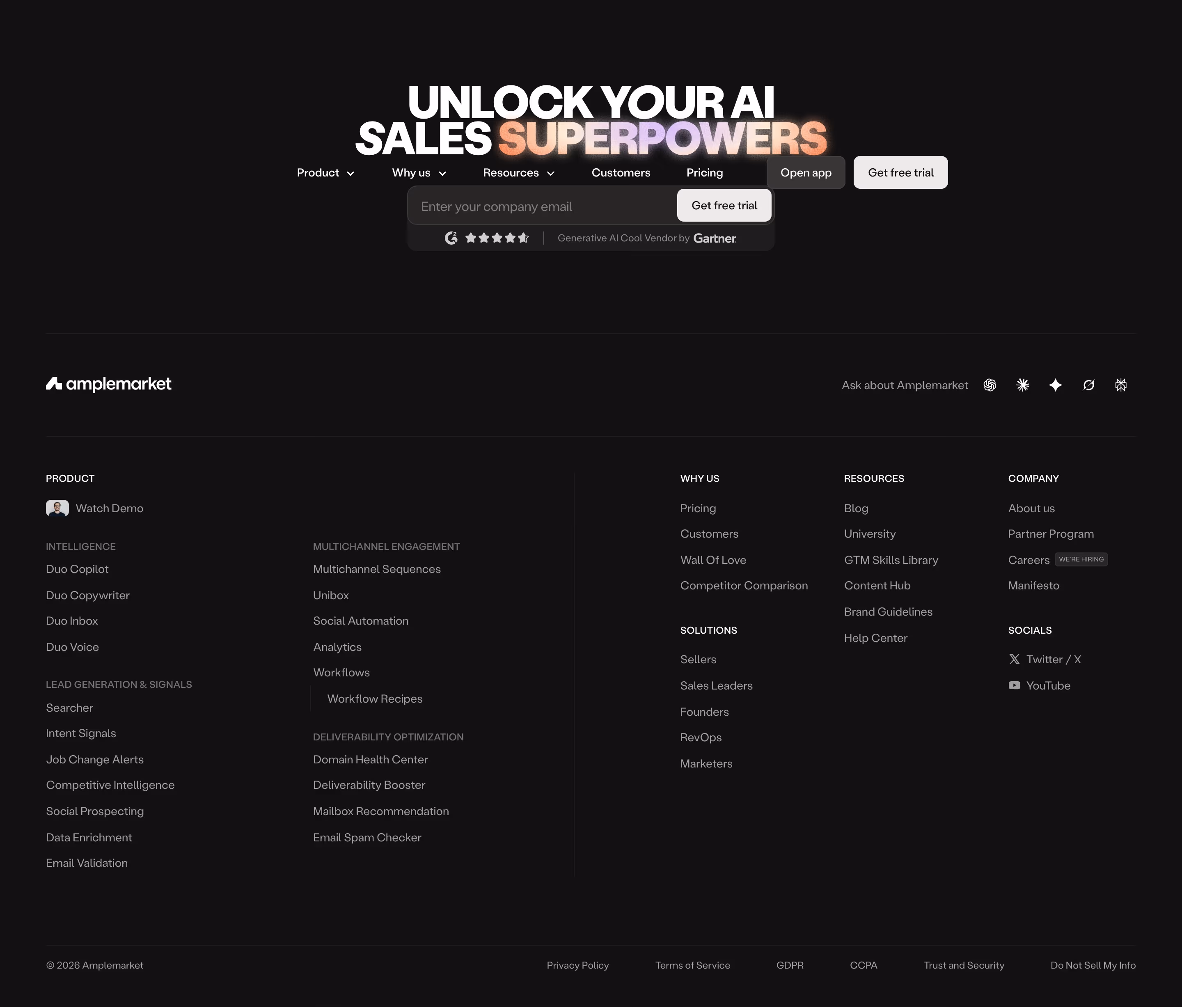 Amplemarket footer design — Sales & Support