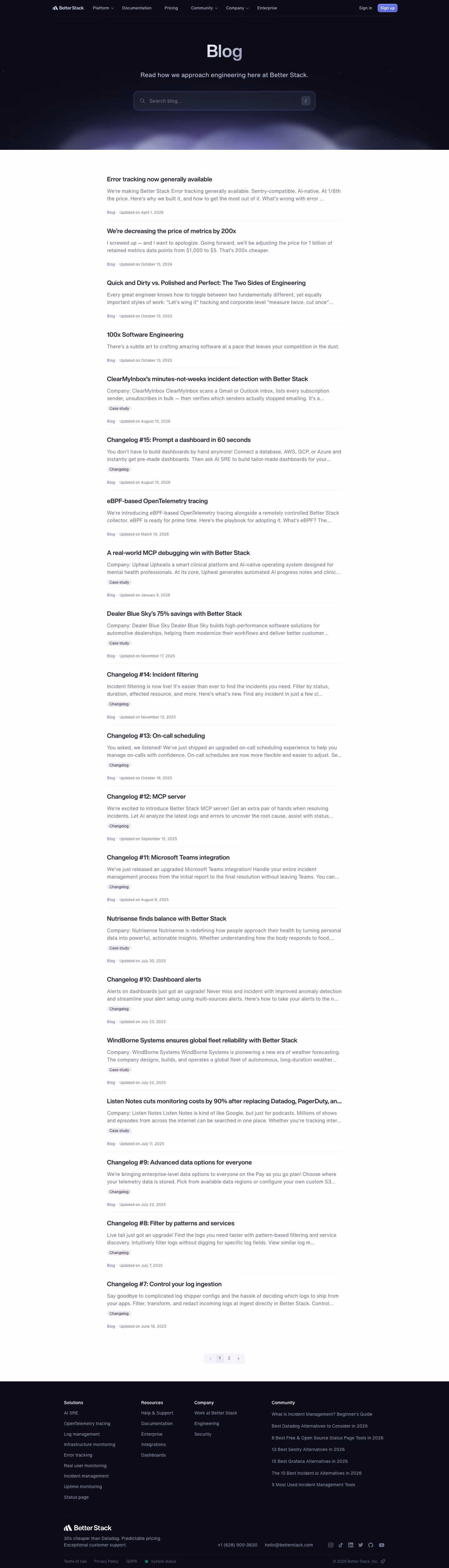 Betterstack Blog pages section design