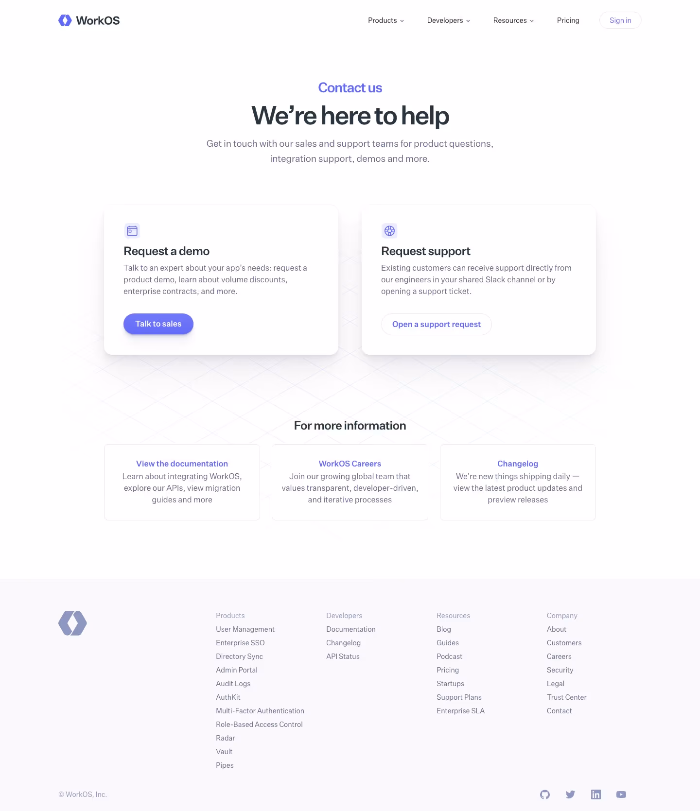 Workos Contact Us section design