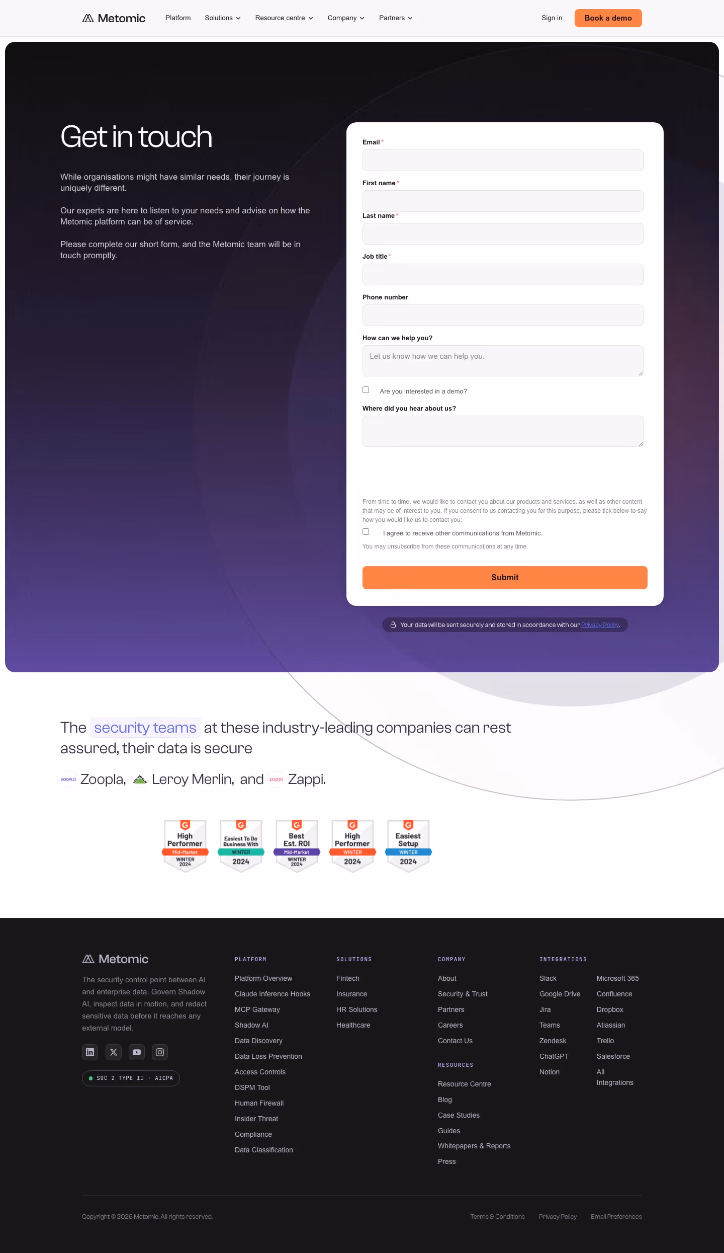 Metomic Contact Us section design