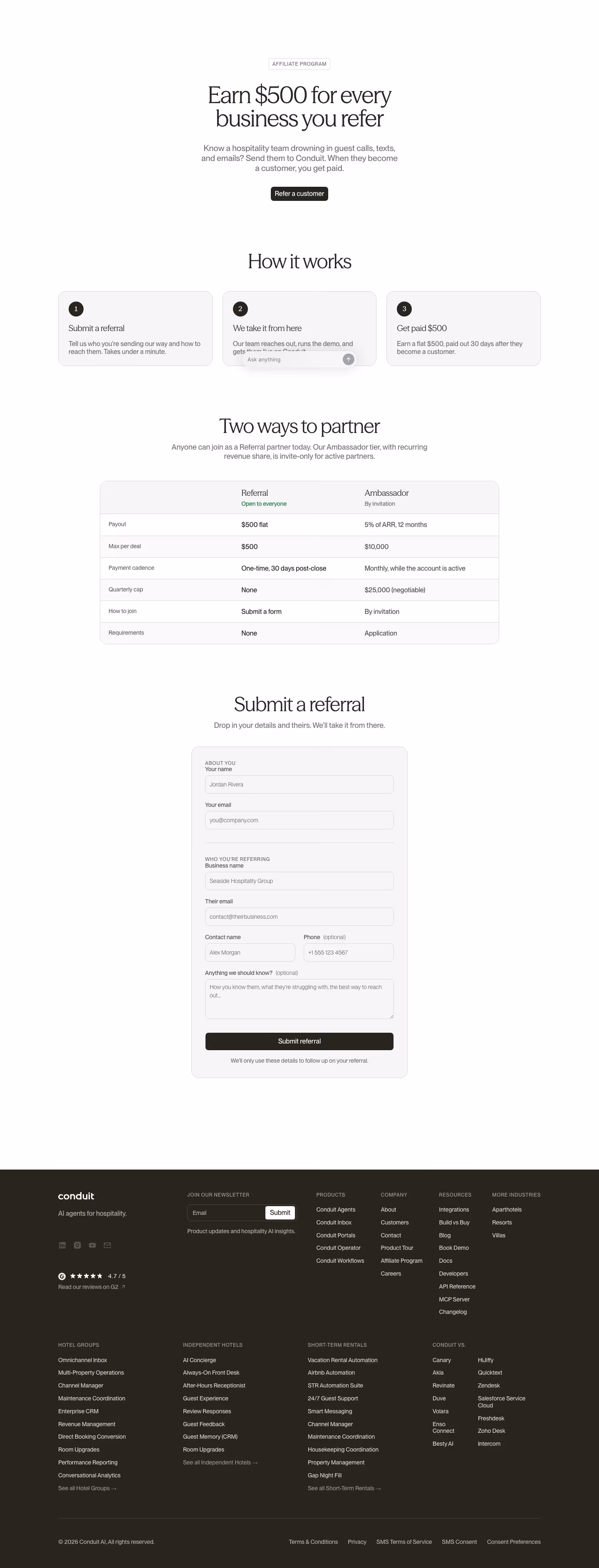 Conduit Affiliate pages section design