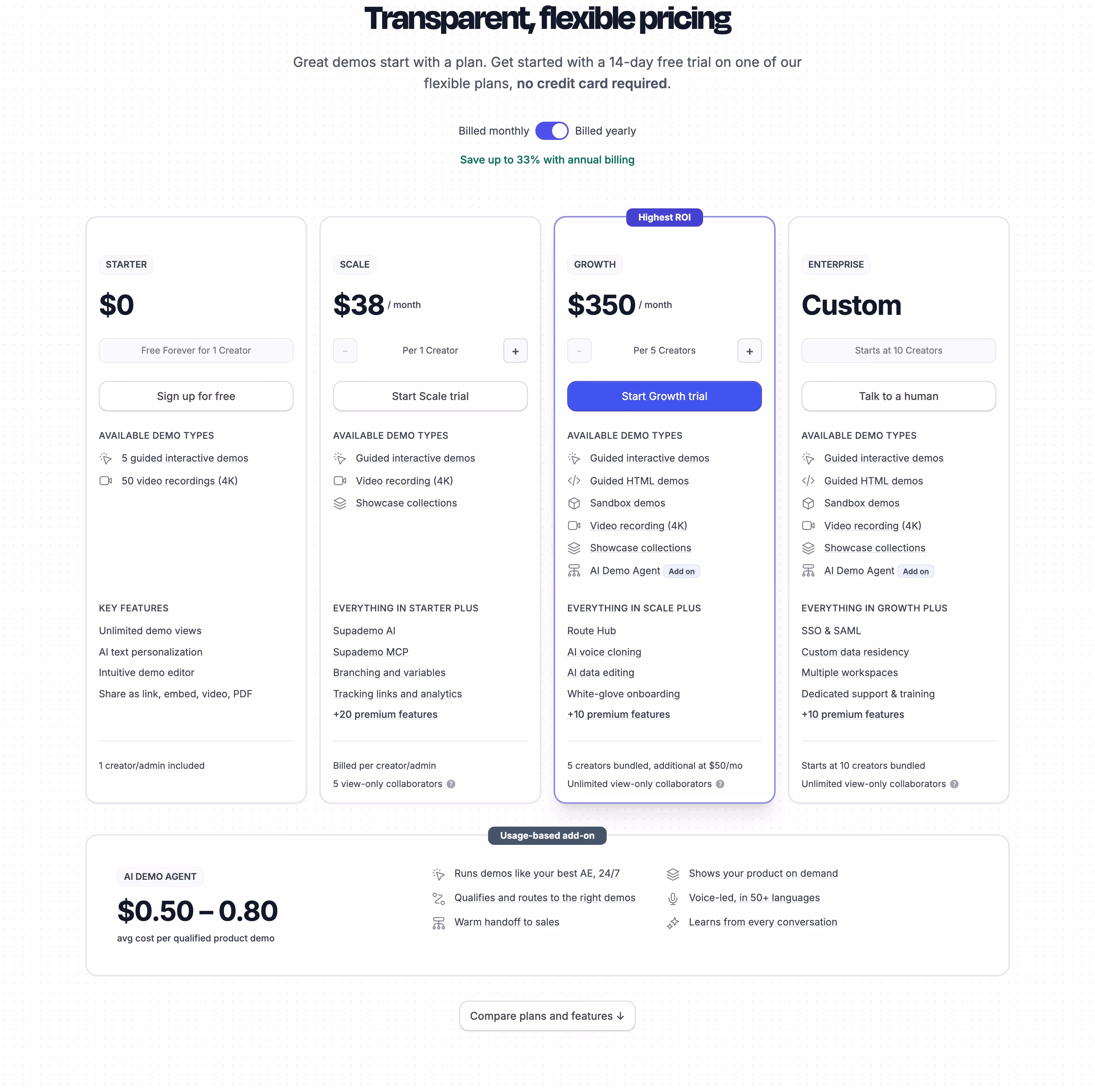 Supademo Pricing section design