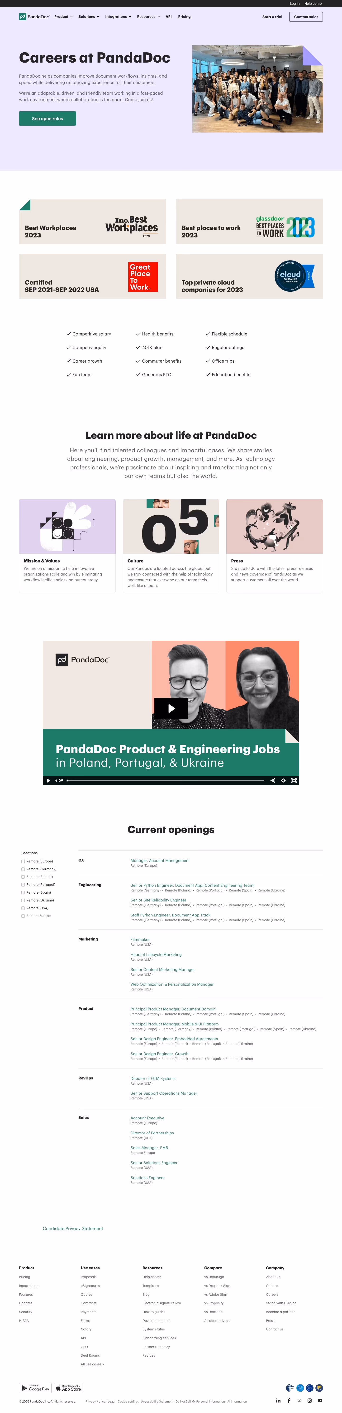 Pandadoc Careers pages section design