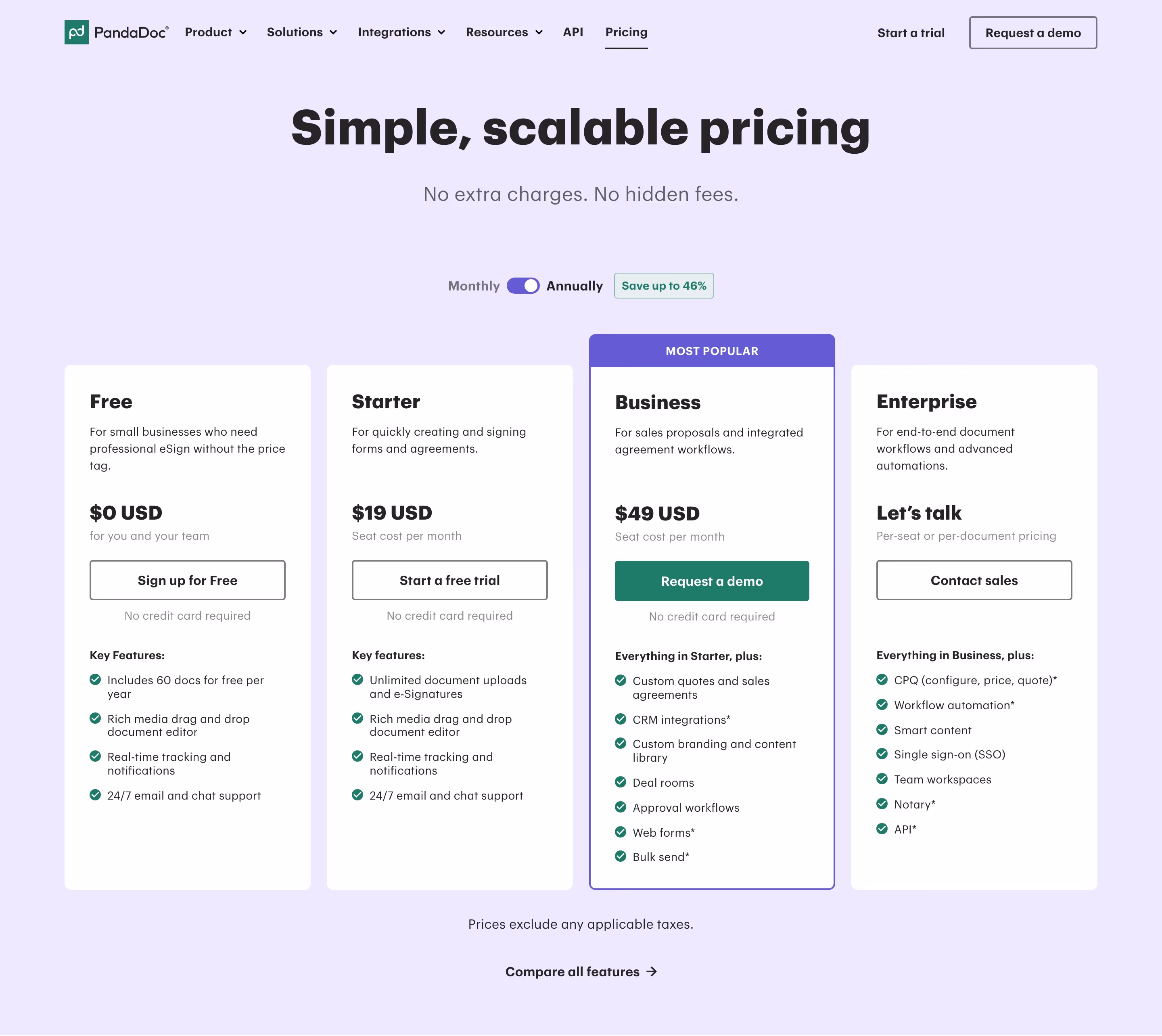 Pandadoc Pricing section design