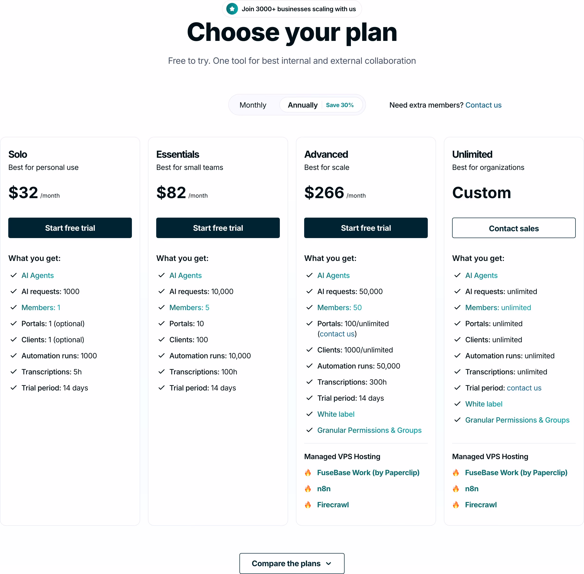 FuseBase Pricing section design