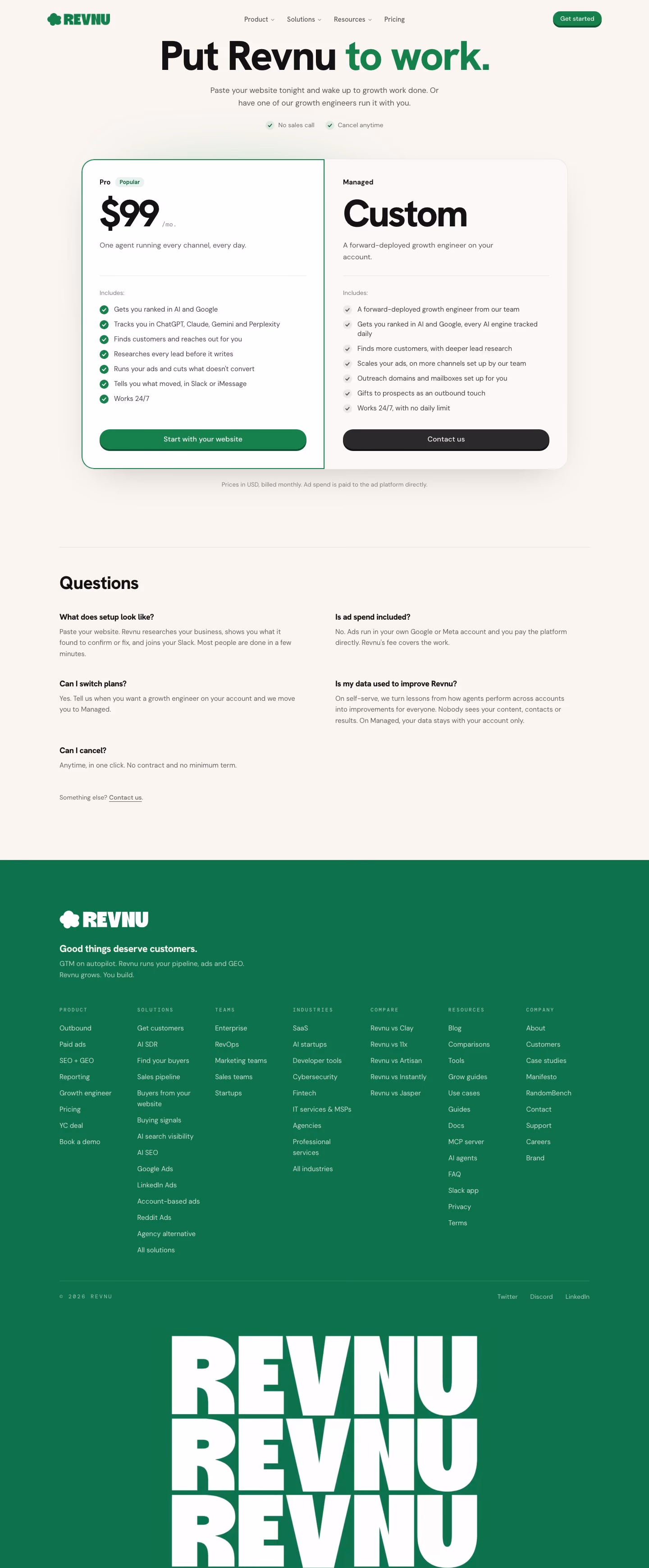 Revnu Pricing & Plans section design