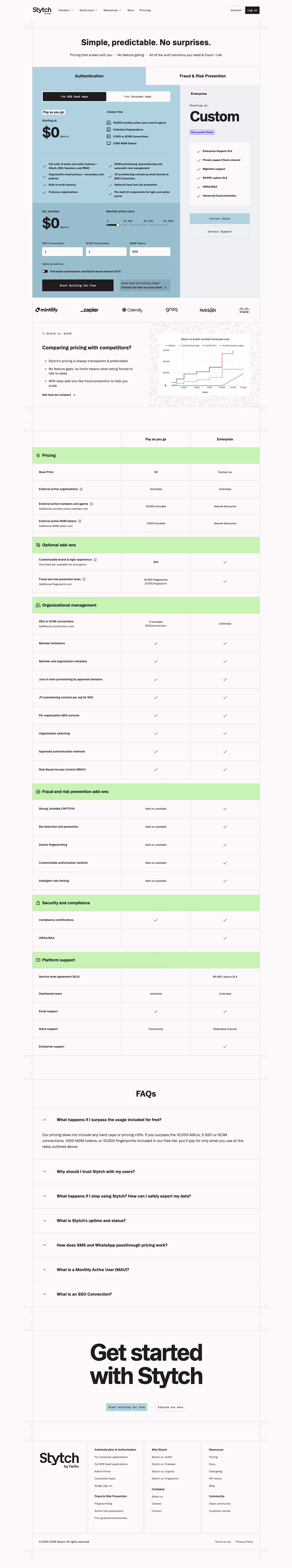 Stytch Pricing & Plans section design