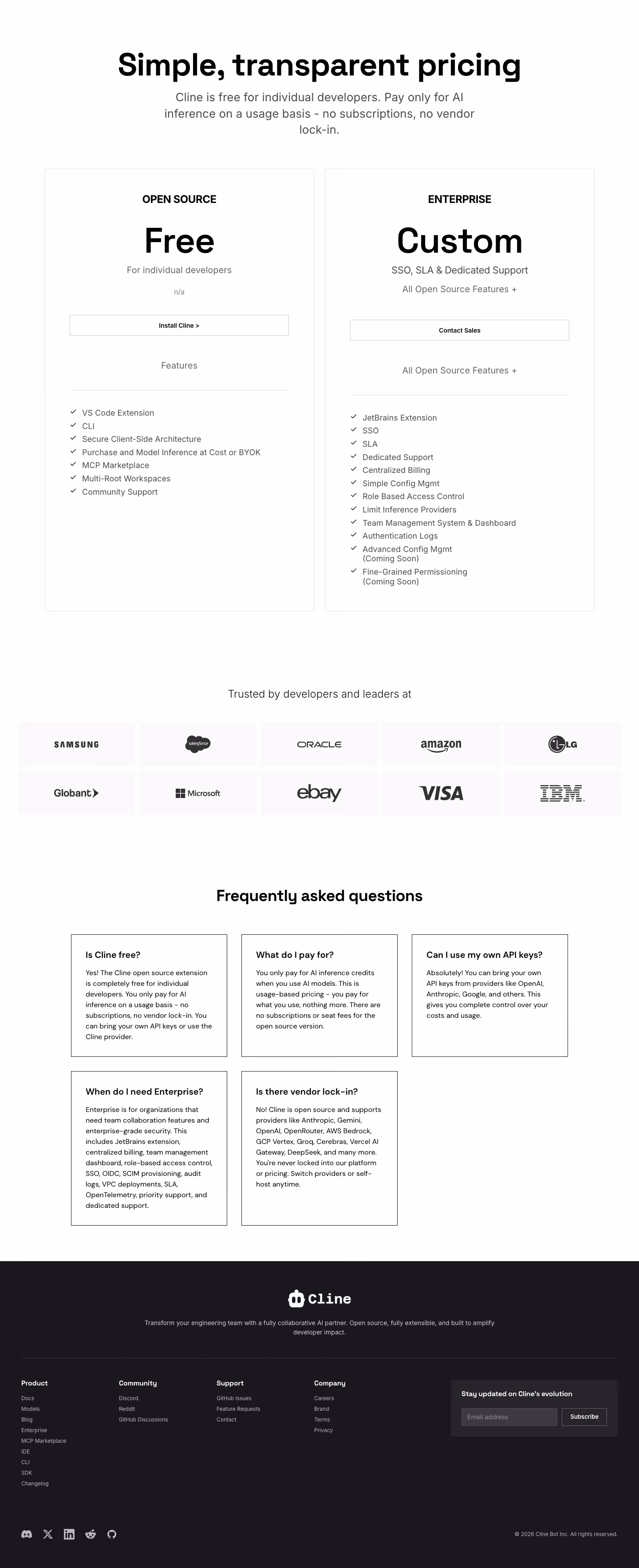 Cline Pricing & Plans section design