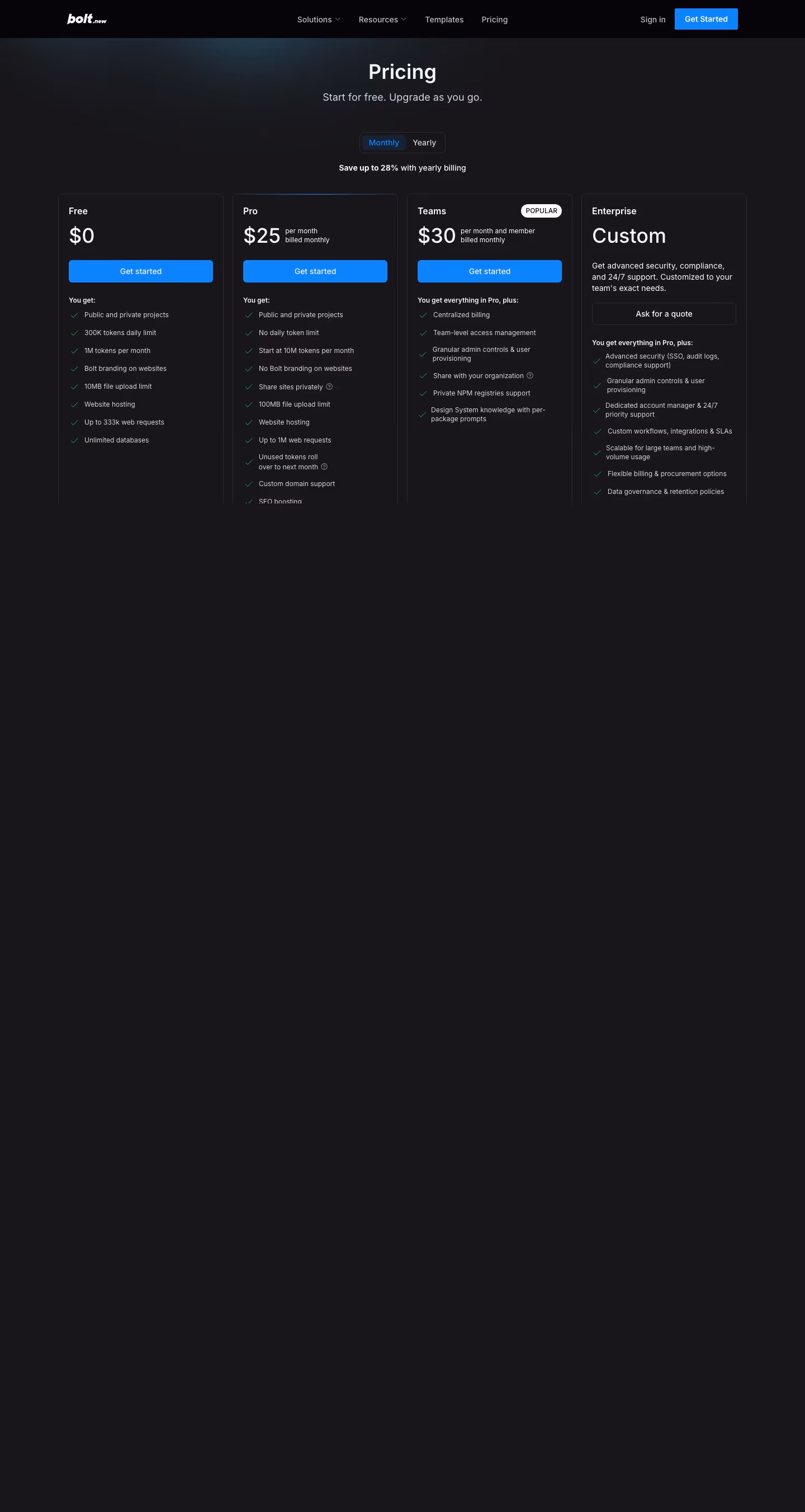 Bolt Pricing & Plans section design