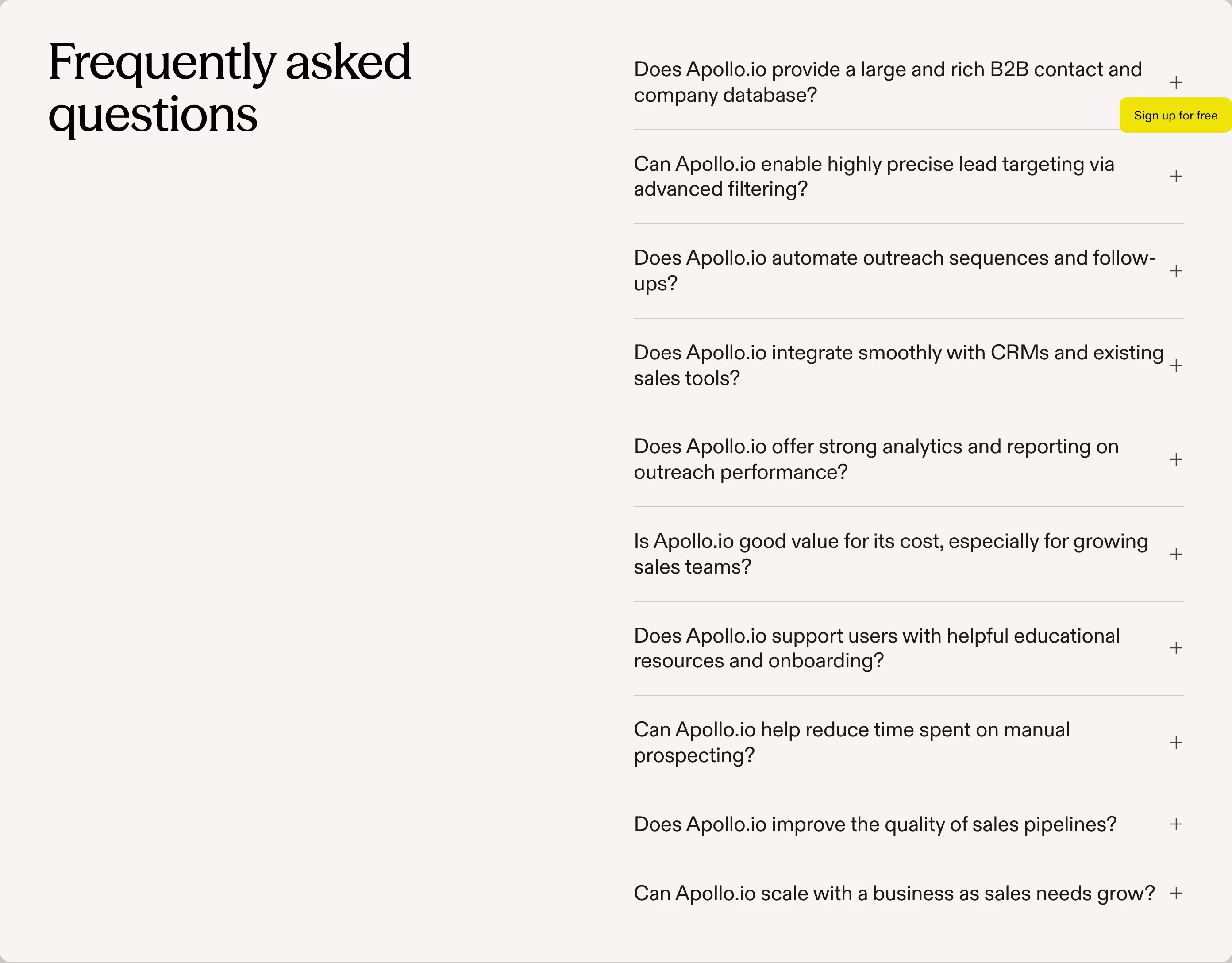 Apollo FAQs section design