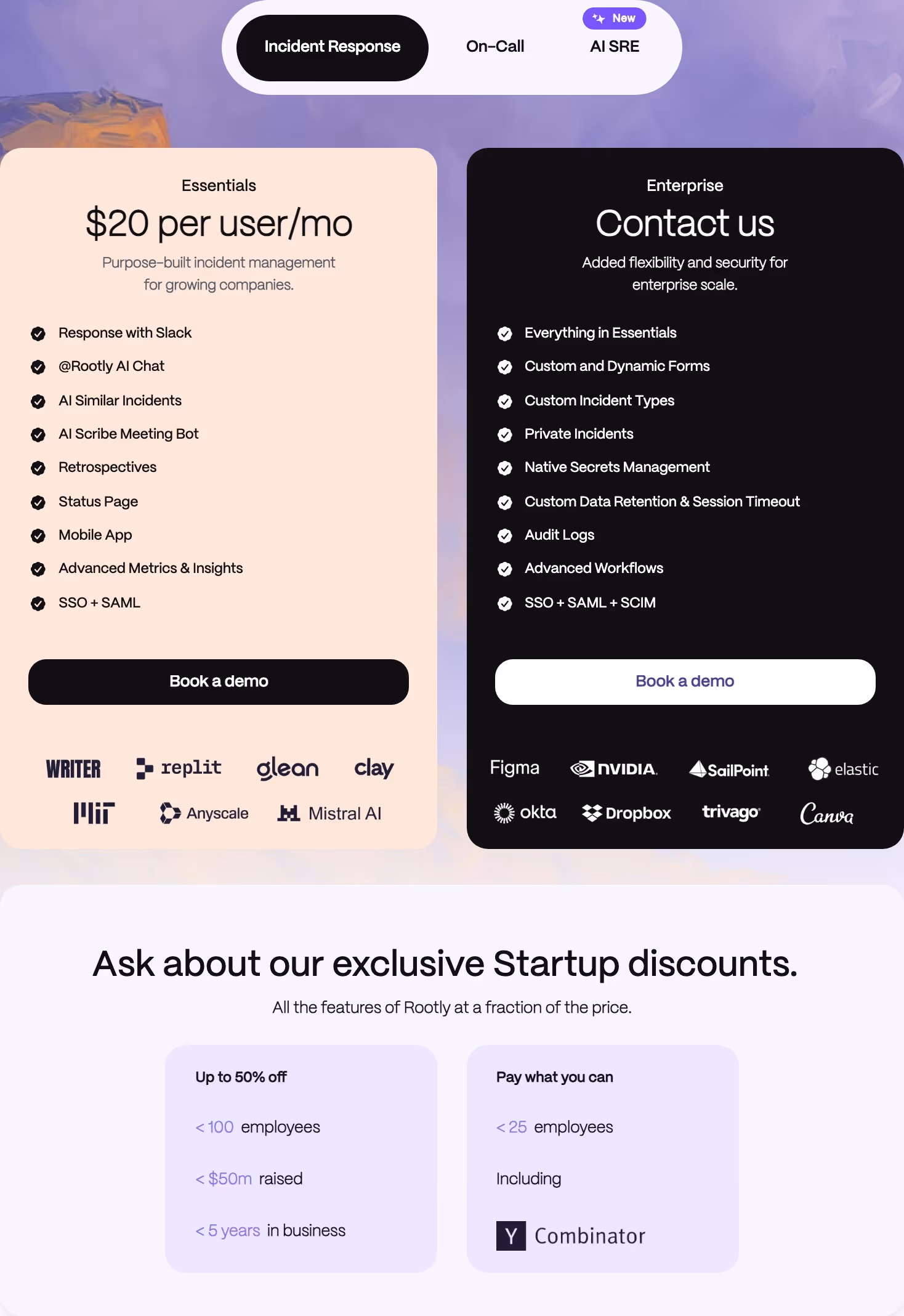 Rootly Pricing section design