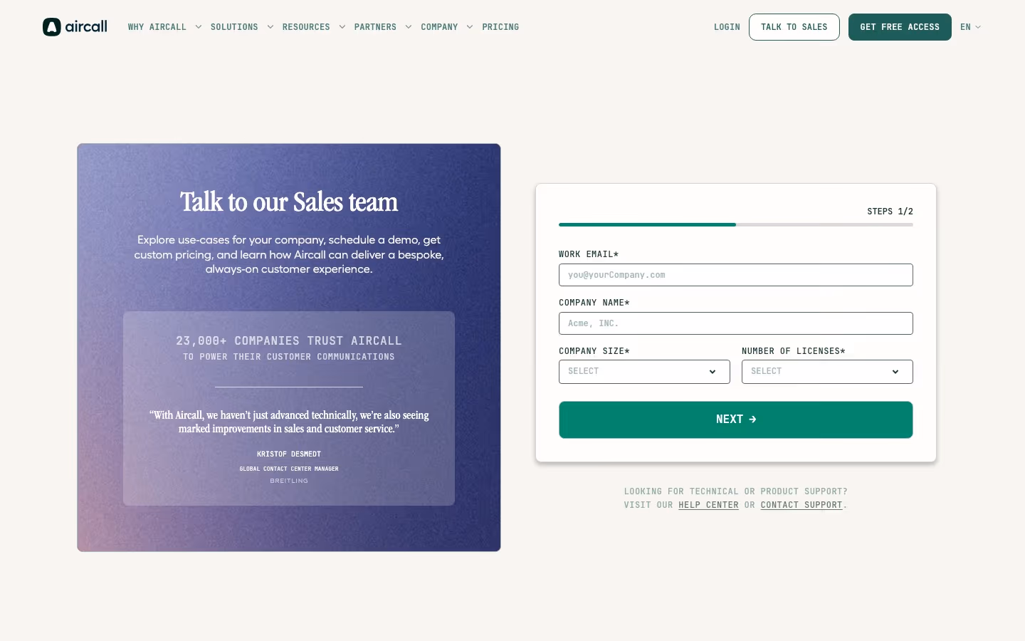 Aircall contact — Sales & Support