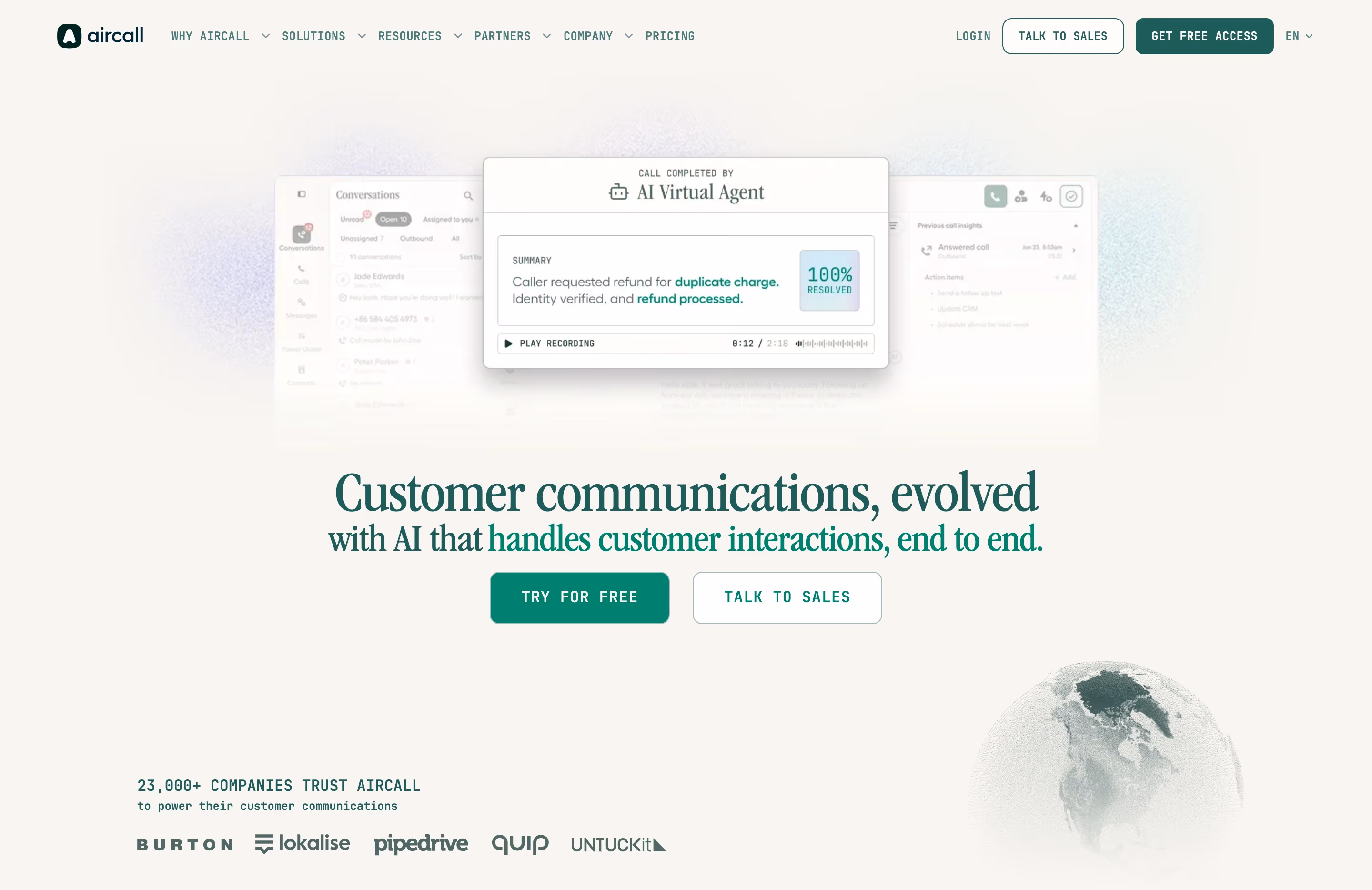 Aircall hero design — Sales & Support
