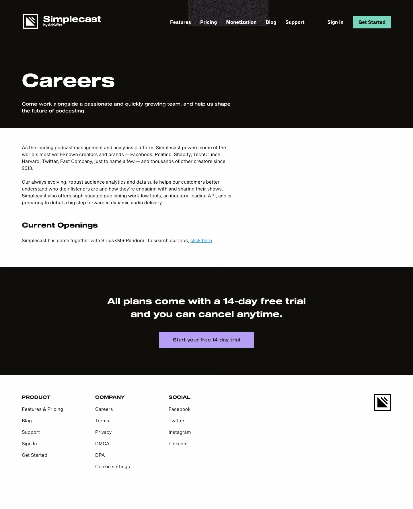 Simplecast Careers pages section design