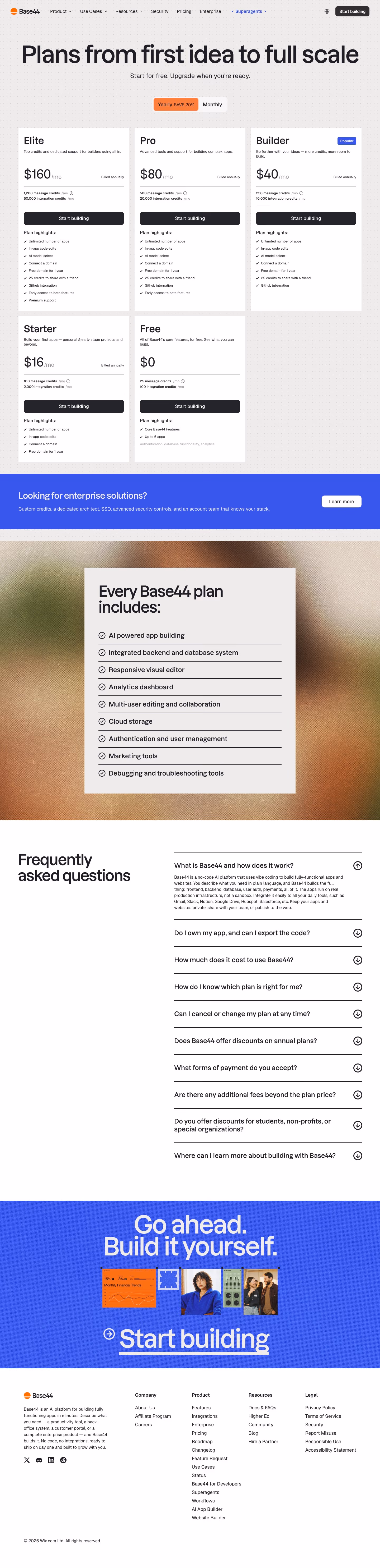 Base44 Pricing & Plans section design