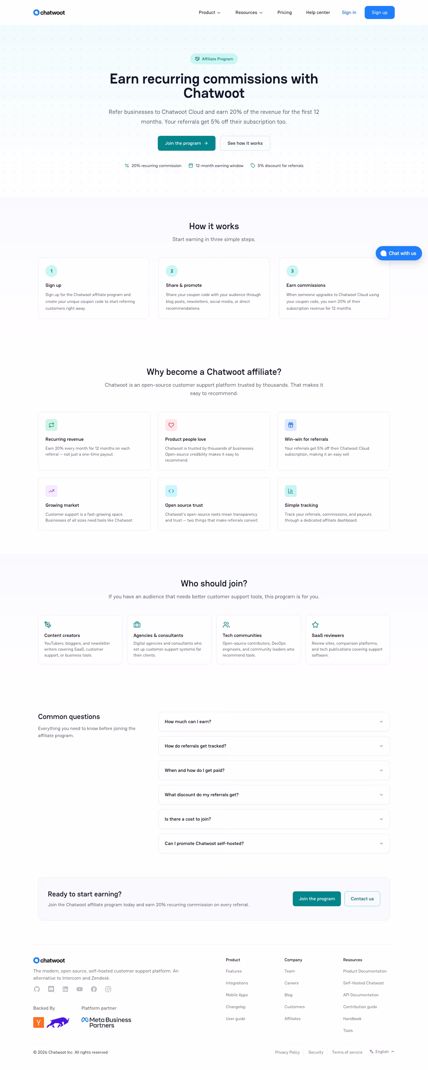 Chatwoot Affiliate pages section design