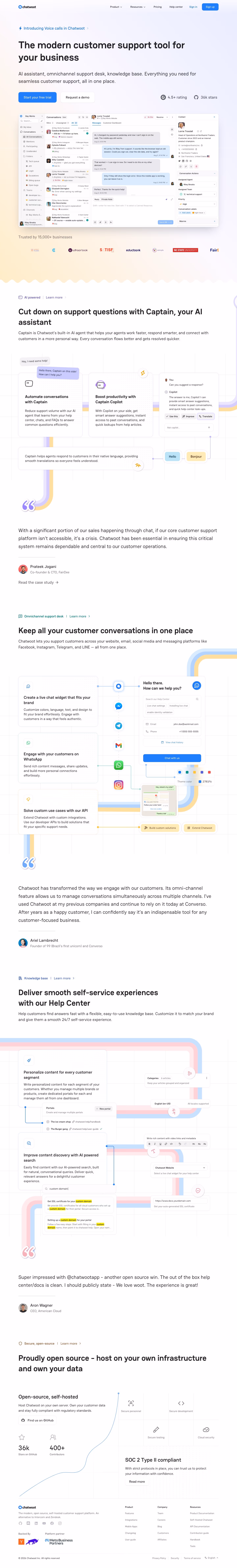 Chatwoot full landing page screenshot (desktop)