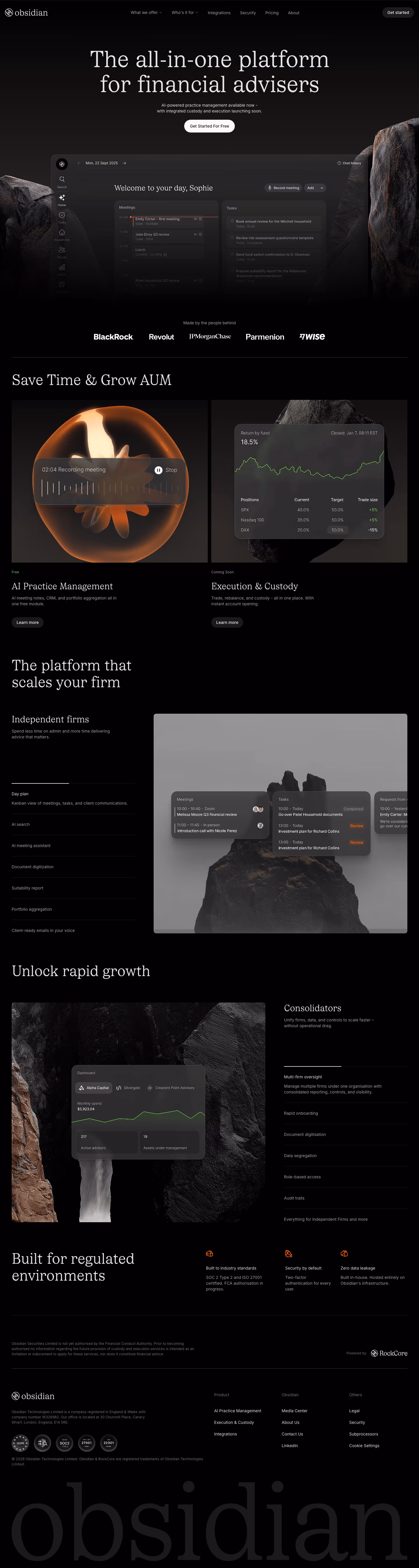 Obsidianos landing page design — Finance & Commerce