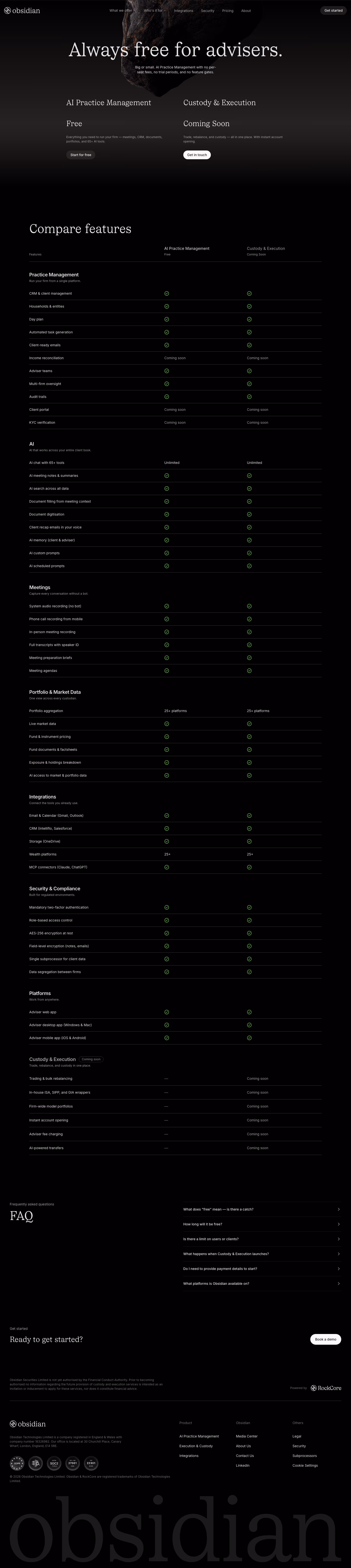Obsidianos Pricing & Plans section design
