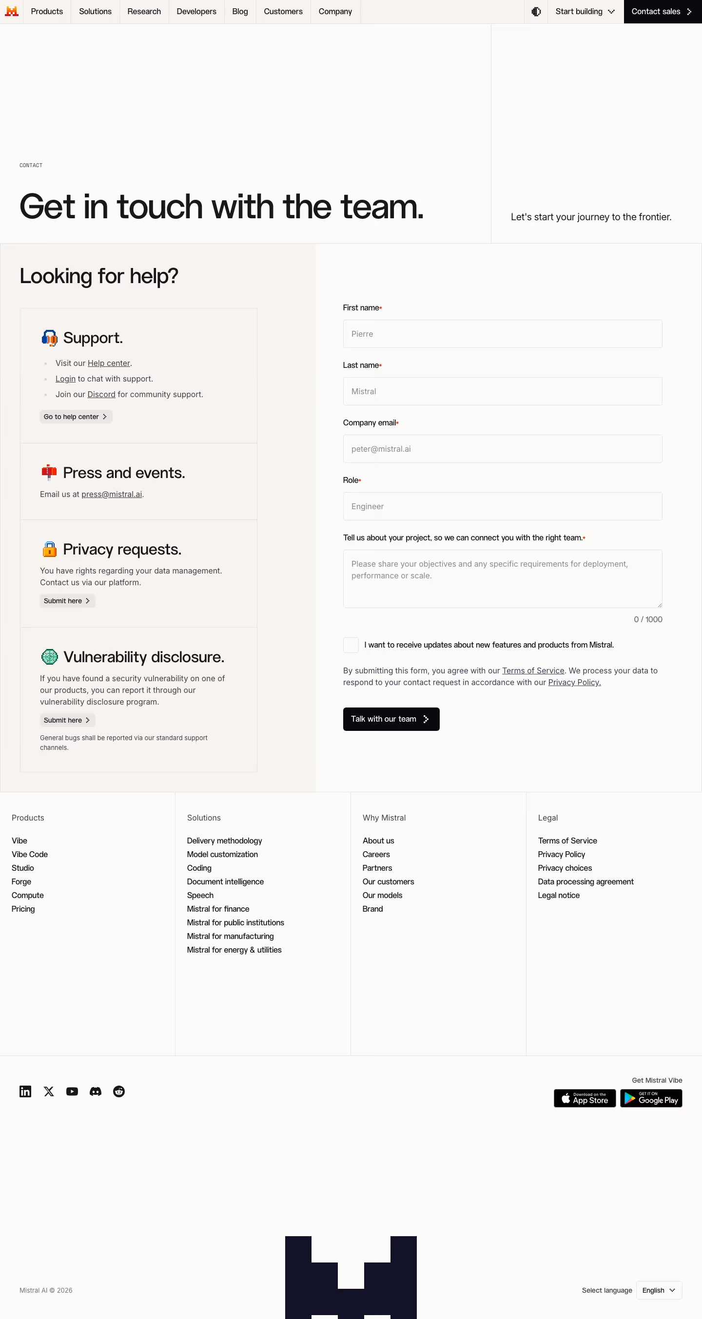 Mistral Contact Us section design